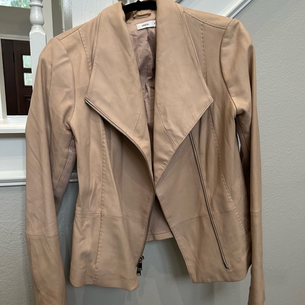 Vince Tan Leather Jacket Asymmetrical Waterfall Design